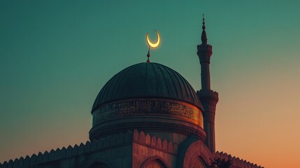 Mosque dome with crescent moon at sunset.