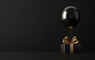 A 3D realistic illustration of a black and gold balloon in an open gift box, set against a minimalist dark background. 