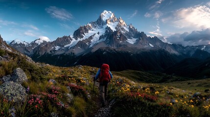 Obraz premium Determined explorer making their way up a challenging mountain trail navigating the rugged rocky terrain towards the towering snow capped peaks in the distance