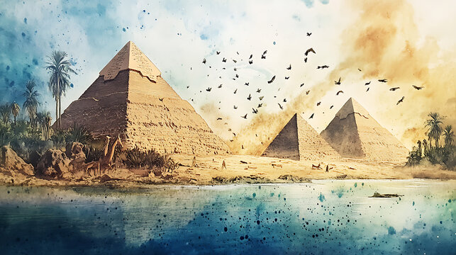 The plagues of egypt, watercolor illustration of egypt pyramids and the locusts flying over the nile