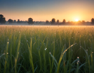 A meadow covered in morning dew with a rising sun.