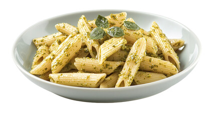 A plate of pasta with fresh green pesto sauce, garnished with basil leaves, on a transparent background. Ideal for showcasing healthy Italian cuisine, gourmet pasta recipes, and food styling.