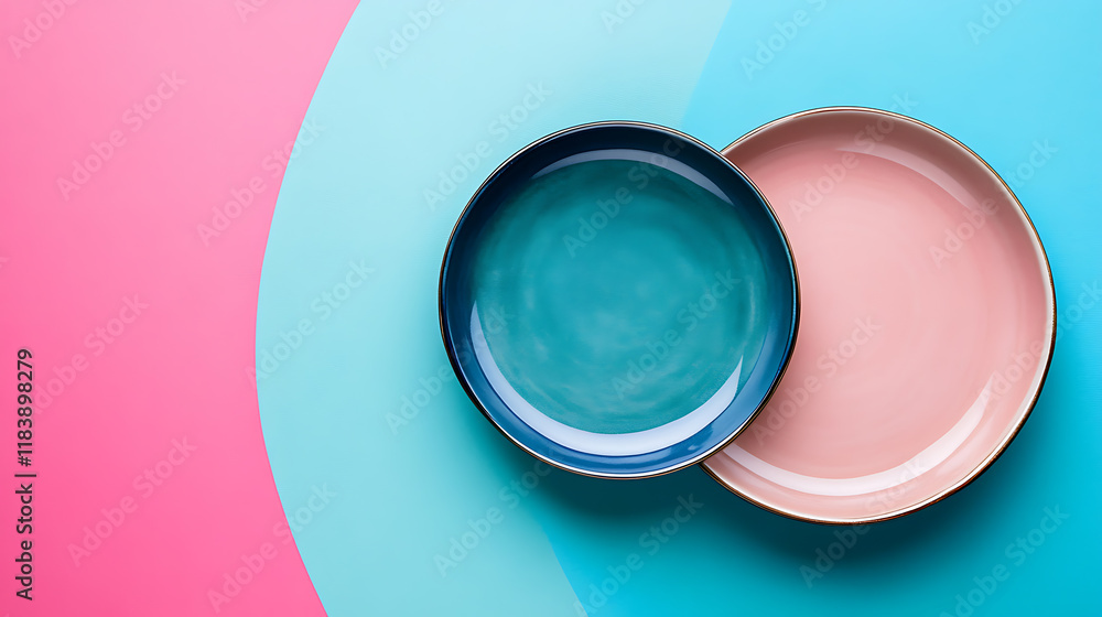 Poster Top view two empty ceramic plates on the table of colorful color