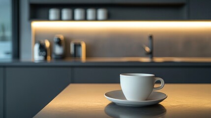 Modern kitchen interior with a cup of coffee on a countertop. Blurred background with appliances and cabinets.