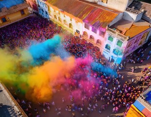 Participants joyfully celebrate Holi, throwing colorful powders that fill the air.