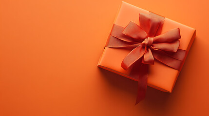 Top view of orange gift box with ribbon and bow isolated on orange background