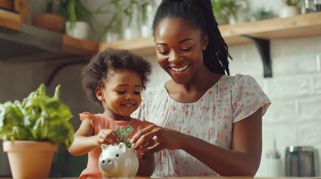 Smiling mature african american mother helping daughter sitting on lap putting money in piggy bank. Cute little black girl saving money by adding a coin in piggy bank with mother at home.