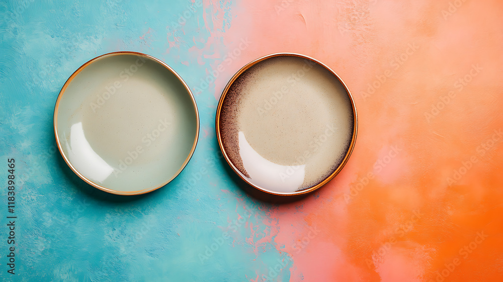 Poster Top view two empty ceramic plates on the table of colorful color