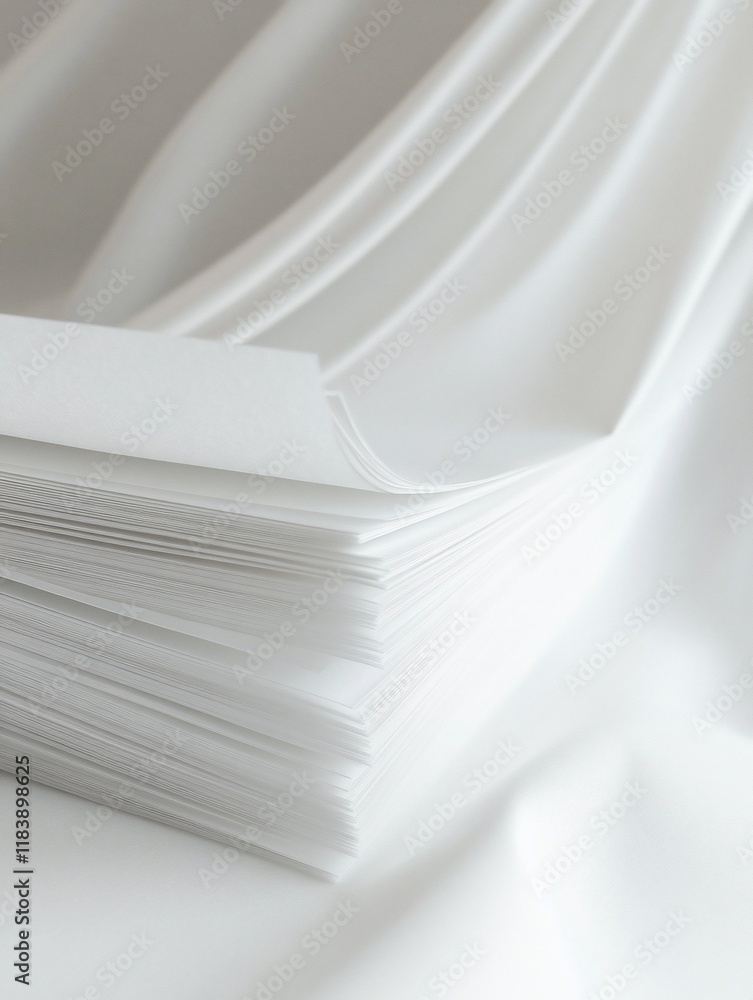 Poster close-up of a neatly stacked pile of blank white paper sheets on a smooth white surface, showcasing 