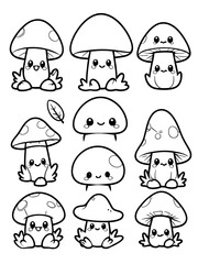 Adorable Kawaii Mushroom Coloring Page: A Collection of Cute Fungi