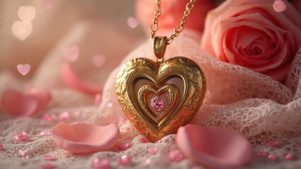 Romantic Gold Heart Pendant with Sparkling Roses and Bokeh Light for Valentine