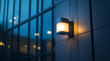 Wall lamp placed on the exterior of a building during night time with copy space, modern electrical equipment for illumination