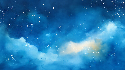 Obraz premium Watercolor blue sky with bright stars illustration