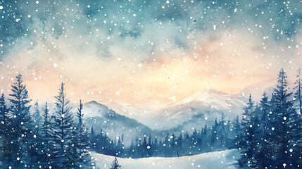 Watercolor drawing of winter sky landscape with falling snow, forest and mountains background