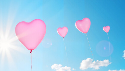 Pink heart-shaped balloons floating in blue sky, love and joy