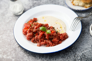 Homemade steak tartare with tuna sauce