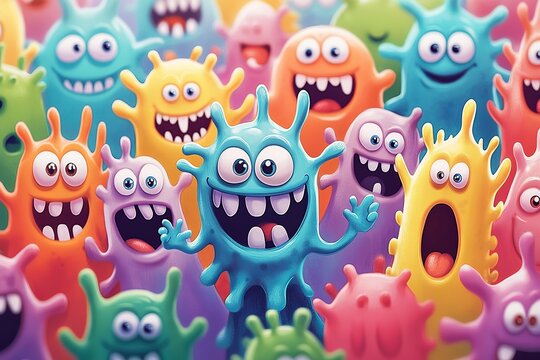 Set of cartoon monsters. Funny smiling germs. Character with big eyes. Microorganism bacterias with tooth, hands, open mouth. Vector coronavirus in flat design. Friendly viruses. Microbe faces