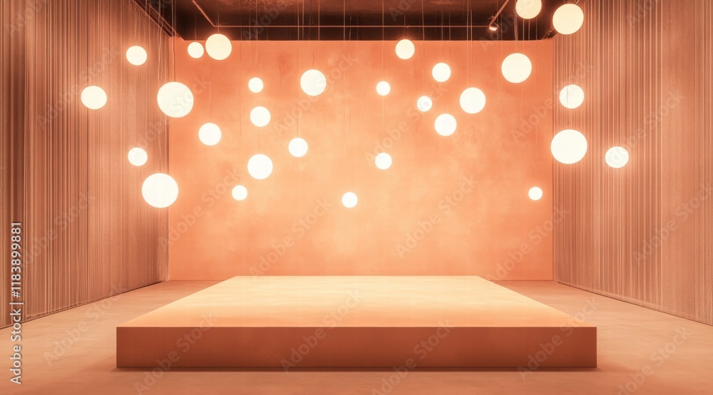 Poster a minimalist and modern scene with an empty square stage, surrounded by floating round light