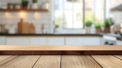 Wooden table top on blur kitchen room background, modern kitchen room interior