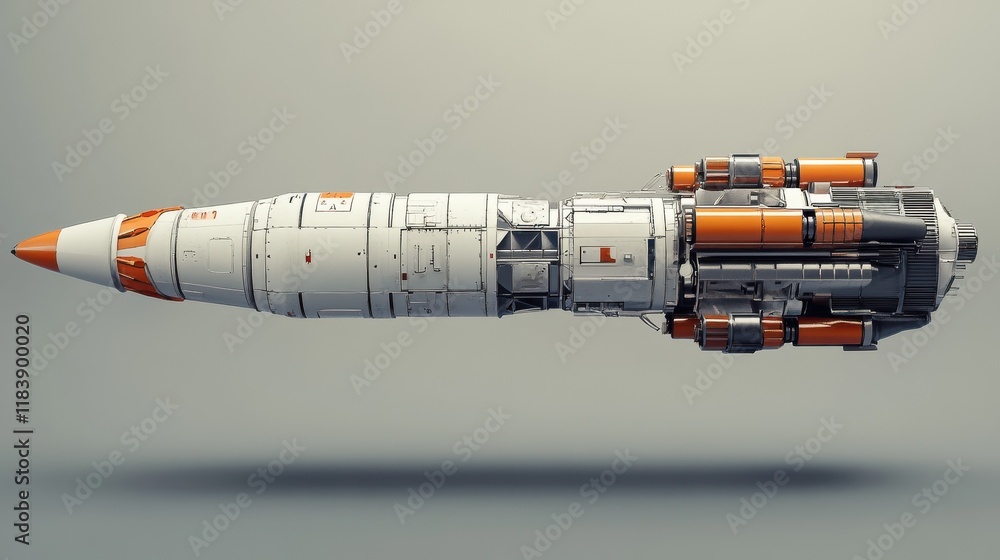 Poster launching rocket on gray background. startup and begin concept. 3d rendering.