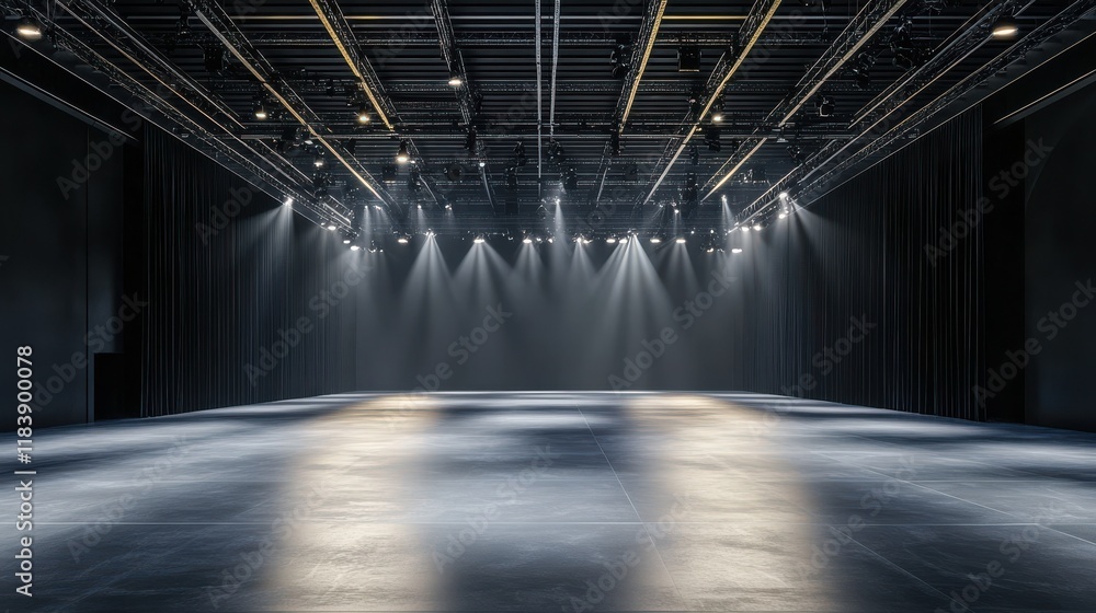 Poster blank light squared floor in a spacious hall for performance or car presentation illuminated from sp
