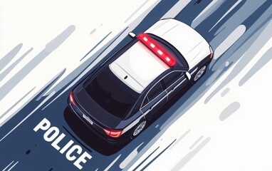 Obraz premium Flat design vector of a police car viewed from above, with modern police lights on the roof. The design is minimalist, featuring the text 