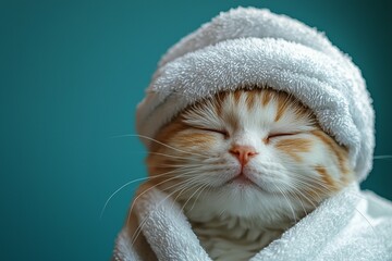 Wellness beauty relaxation pet animal banner - Cute relaxing chilling cat with towel turban on his head and bathrobe, isolated on blue turquoise color background