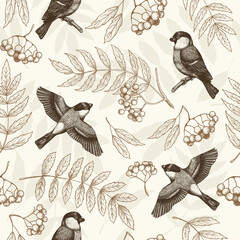 hand drawn vector seamless pattern with vintage birds and flowers