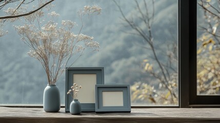 Dried flowers in vases and empty frames by window with mountain view.