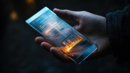 business, technology and people concept - close up of male hand holding and showing transparent smartphone with diagram chart on screen