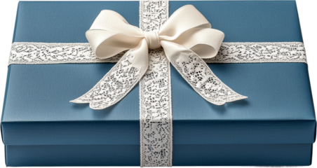Elegant Blue Gift Box with White Ribbon and Bow Isolated on transparent background