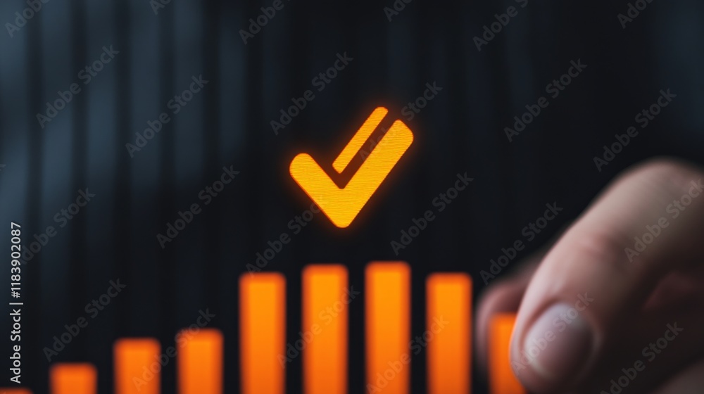 Poster approval and reduction concept. hand pointing at an upward trend with a checkmark symbol.