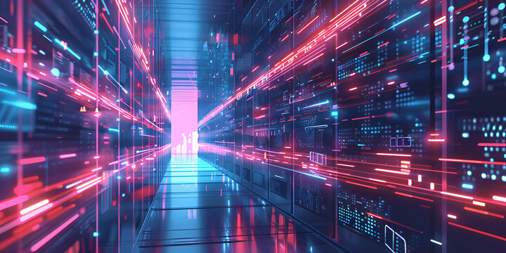 Silhouette of a Hacker in a High-Tech Server Room, Cybersecurity Breach Concept
