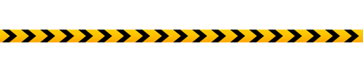 Caution barricade tape with black and yellow chevron print. Barrier in quarantine site, construction work area or crime scene. Warning, stop, closed or forbidden sign. Vector flat illustration.