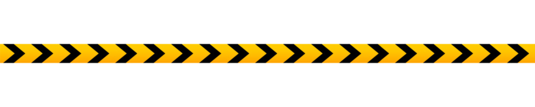 Caution barricade tape with black and yellow chevron print. Barrier in quarantine site, construction work area or crime scene. Warning, stop, closed or forbidden sign. Vector flat illustration.