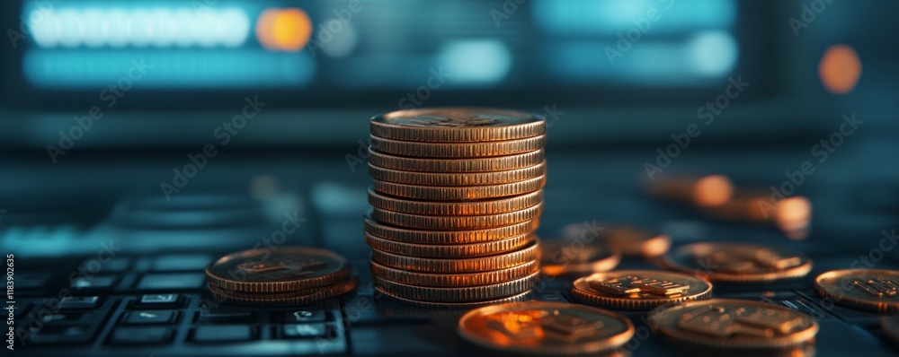 Poster stack of coins on a keyboard, symbolizing finance and transactions.