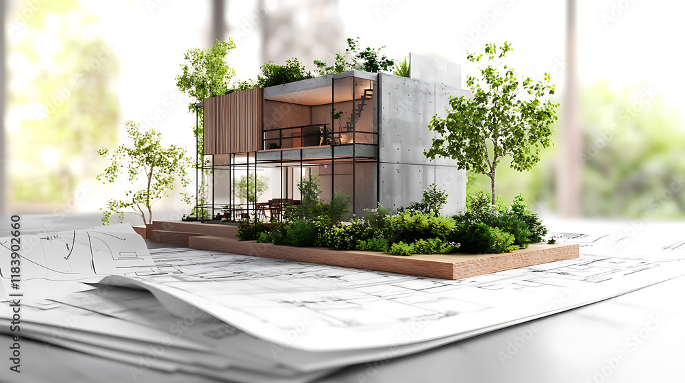 Poster 3d model of a contemporary, authentic building block mock-up with a garden placed atop blueprints and paperwork