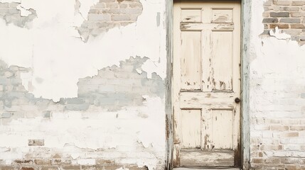 Old weathered cream painted wooden door set into an ancient brick wall, with peeling weathered white paint, showcasing rustic charm, the passage of time in urban architecture and historical buildings