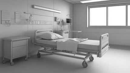 Serenity in a Hospital Ward: Neatly Made Bed with Natural Light Filtering Through Window, Surrounded by White Walls and Medical Equipment