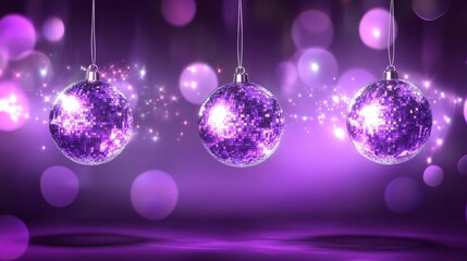 Vibrant purple disco ball ornaments on a violet background, reflecting shimmering light, perfect for party, celebration, and festive decoration themes