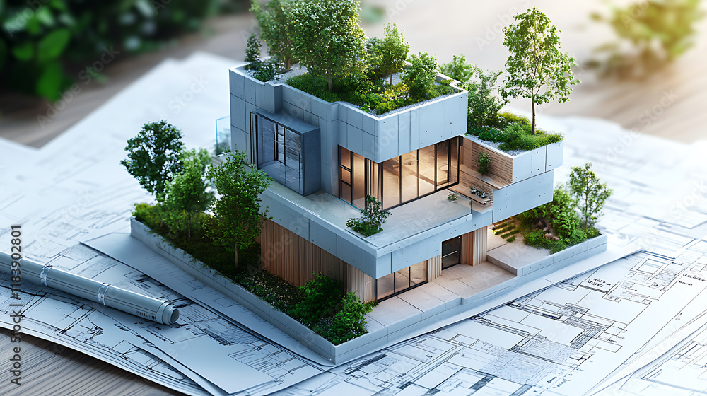Poster 3d model of a contemporary, authentic building block mock-up with a garden placed atop blueprints and paperwork