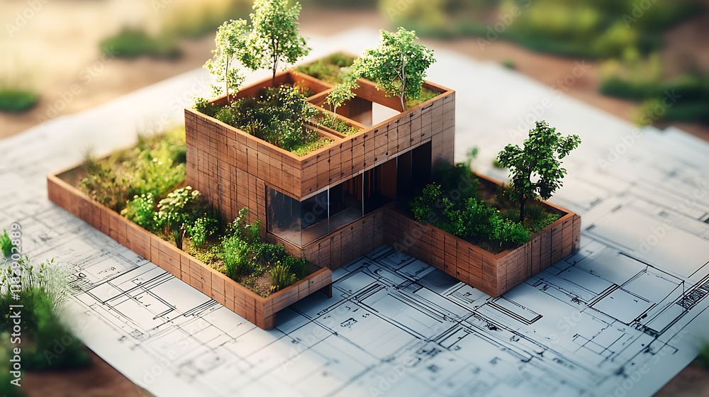 Poster 3d model of a contemporary, authentic building block mock-up with a garden placed atop blueprints and paperwork
