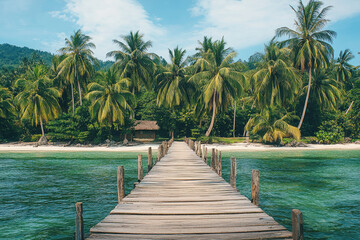 Fototapeta premium Serene wooden pier leading to a tropical beach surrounded by lush palm trees and clear water.