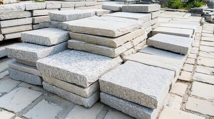 Stacks of paving slabs neatly arranged in front of a pedestrian pathway near a residential house, showcasing construction materials for outdoor landscaping and home improvement projects