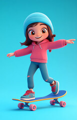 A cute cartoon-style girl skateboarding, full of fun and energy, perfect for coloring.

