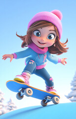 A cute cartoon-style girl skateboarding, full of fun and energy, perfect for coloring.

