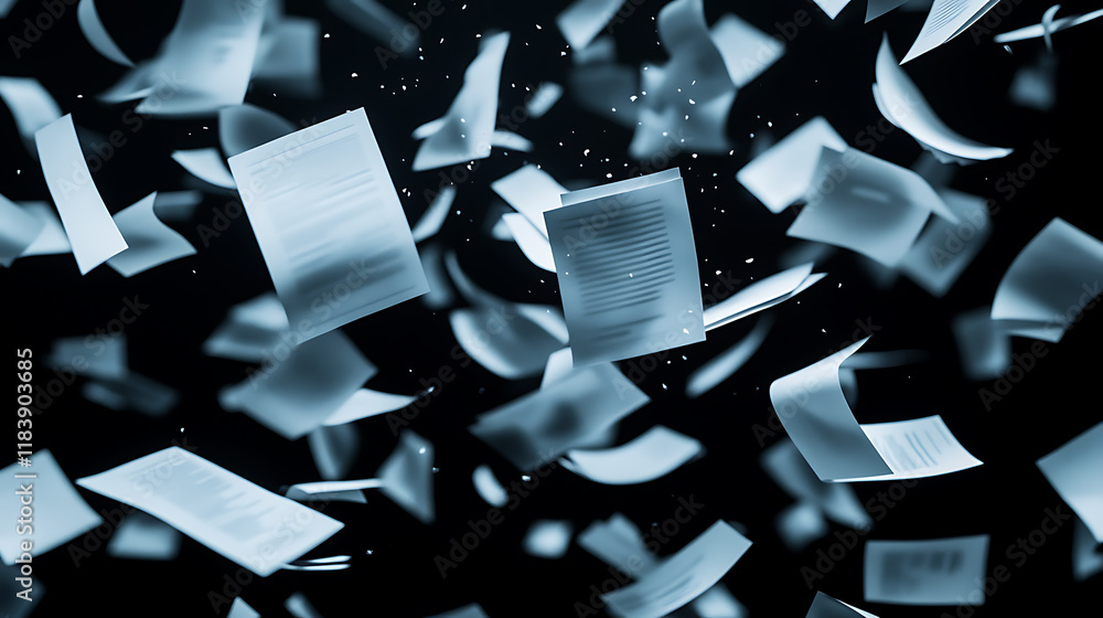 Aufkleber a concept of business documents flying in the air with a lot of them isolated on a black background