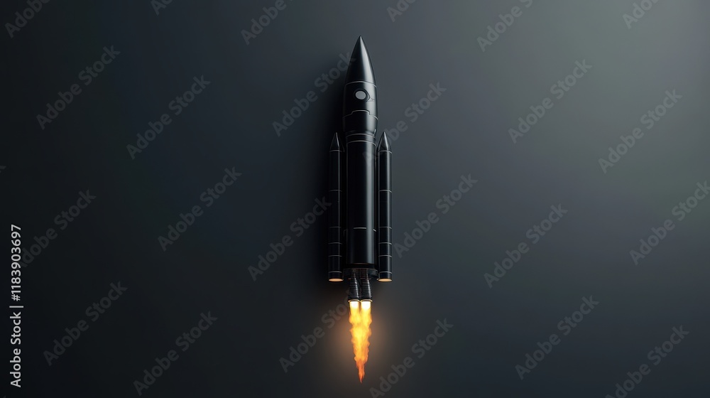 Poster launching rocket on gray background. startup and begin concept. 3d rendering.