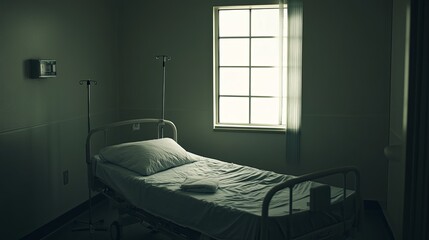 Serenity in a Hospital Ward: Neatly Made Bed with Natural Light Filtering Through Window, Surrounded by White Walls and Medical Equipment