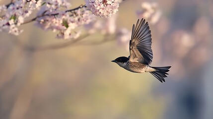 Obraz premium Small bird in flight near blooming cherry blossoms.